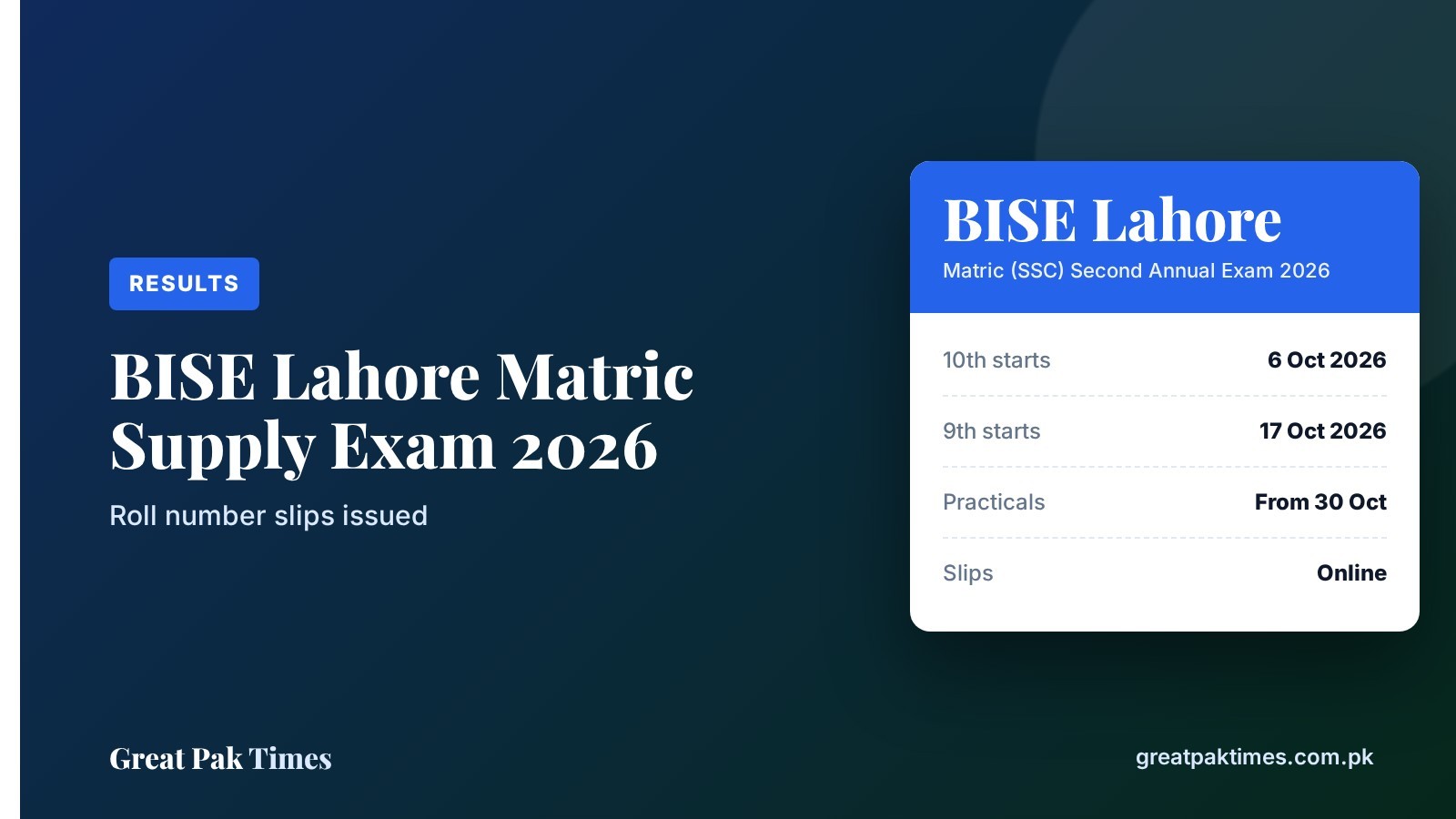 BISE Lahore matric supplementary exam 2026 roll number slips and exam dates