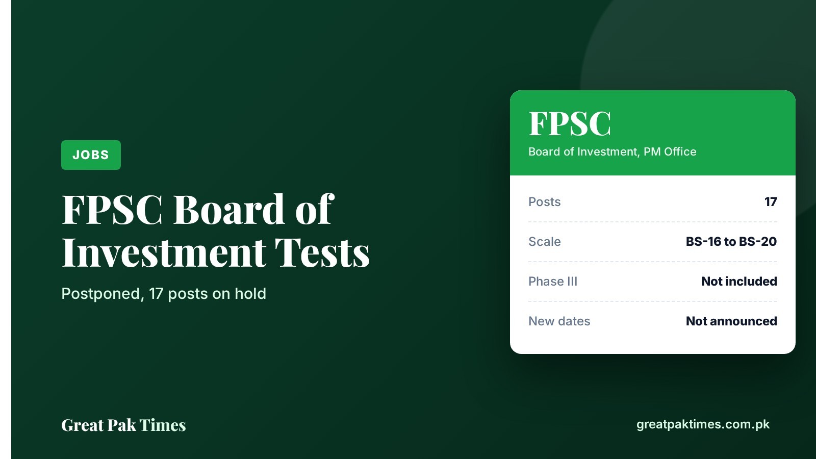 FPSC Board of Investment tests postponed 2026, 17 posts on hold