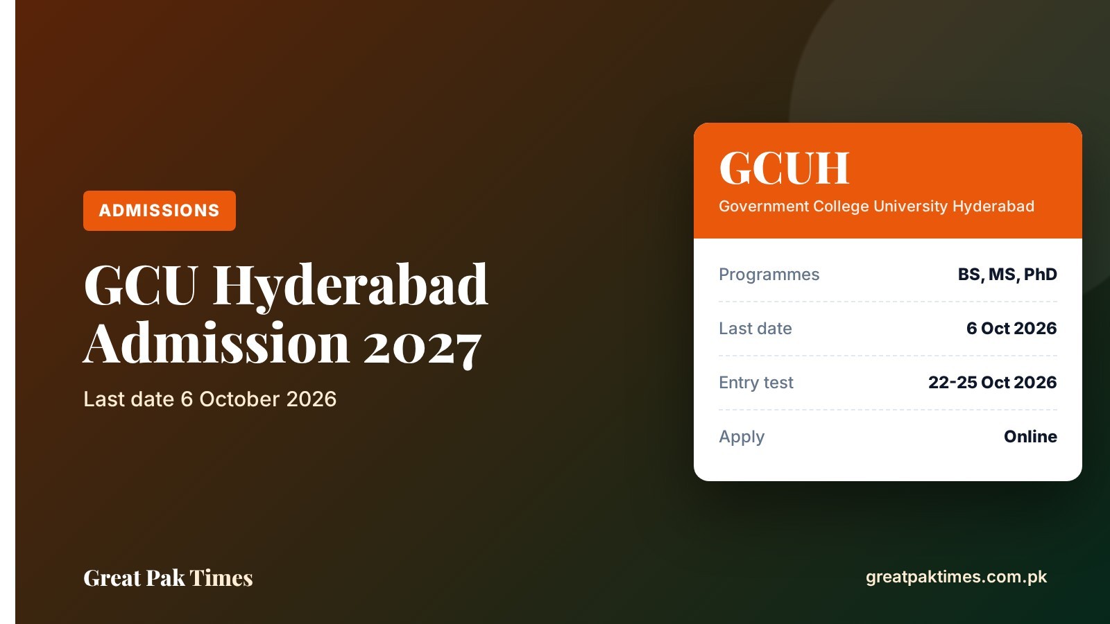 GCU Hyderabad admission 2027 cover: last date 6 October 2026, entry test 22-25 October