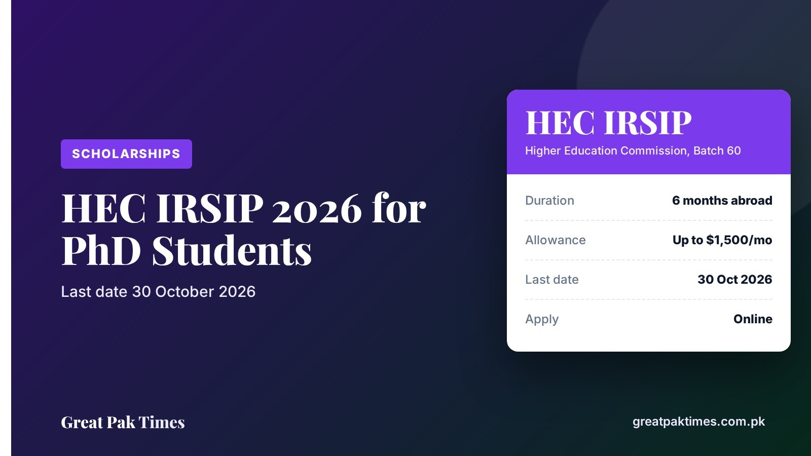 HEC IRSIP 2026 PhD research fellowship abroad, last date 30 October 2026