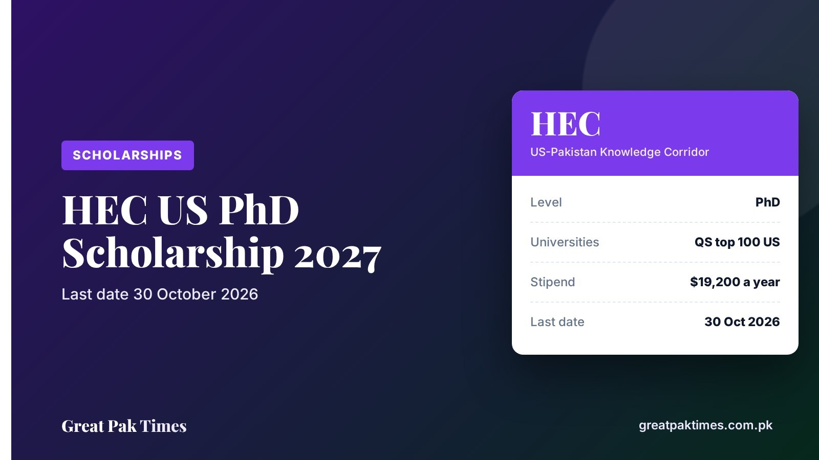 HEC US PhD scholarship 2027 cover showing last date 30 October 2026 and stipend of $19,200 a year