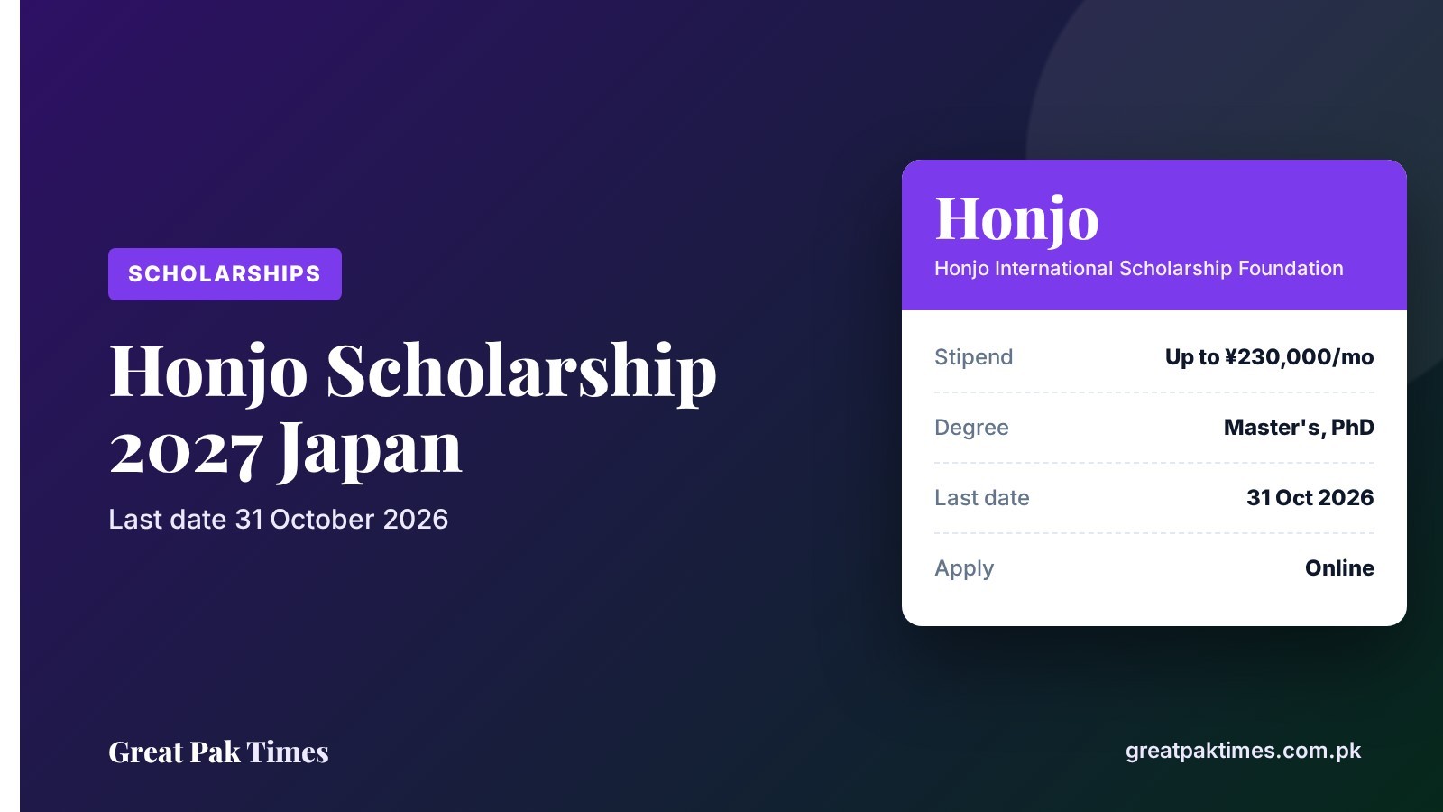 Honjo scholarship 2027 Japan for Pakistani students, last date 31 October 2026