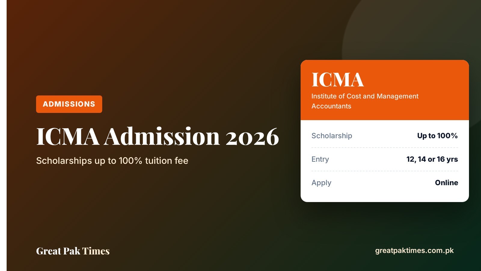 ICMA admission 2026 cover: scholarships up to 100% tuition fee, apply online