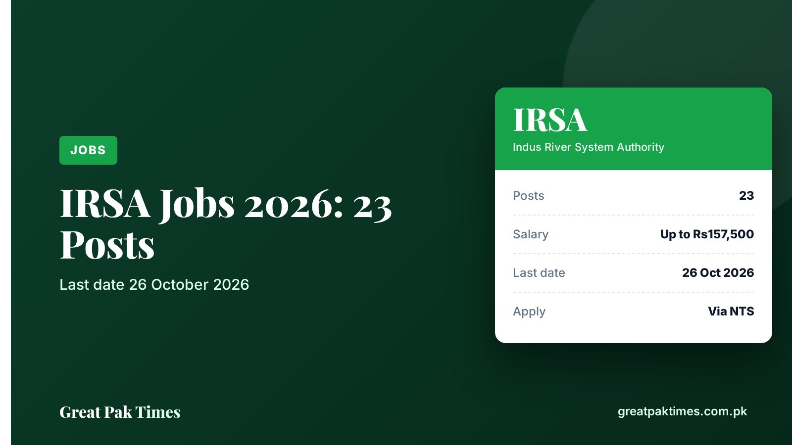 IRSA jobs 2026: 23 posts, last date 26 October 2026