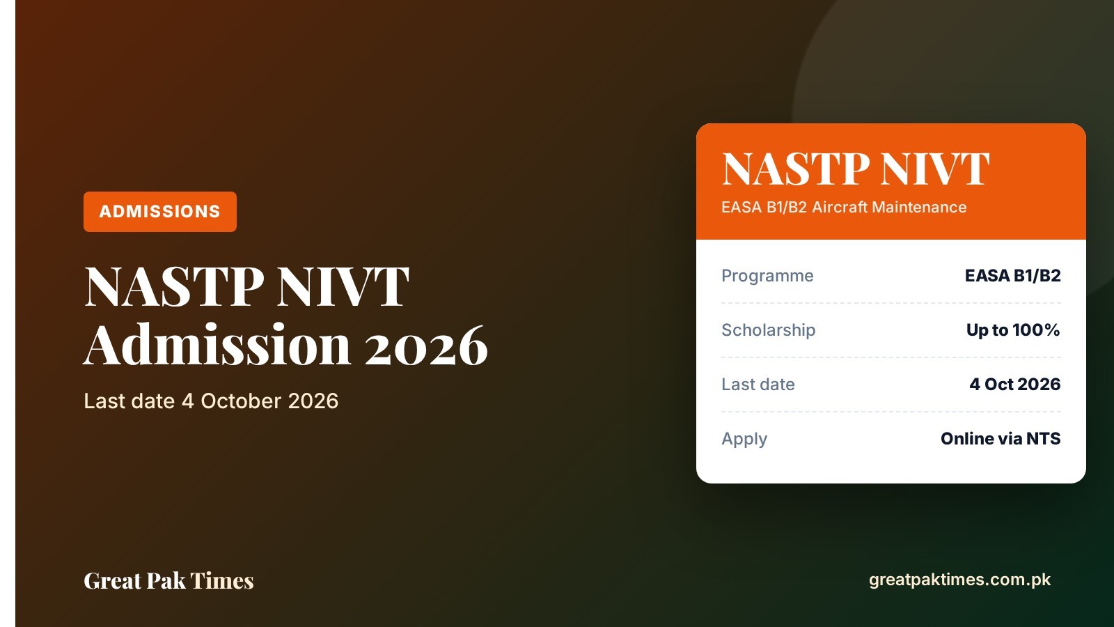 NASTP NIVT admission 2026 for EASA B1/B2 aircraft maintenance course, last date 4 October 2026