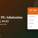 NUMS postgraduate admission Spring 2027 cover showing last date 30 October 2026 and entry test 17-18 November
