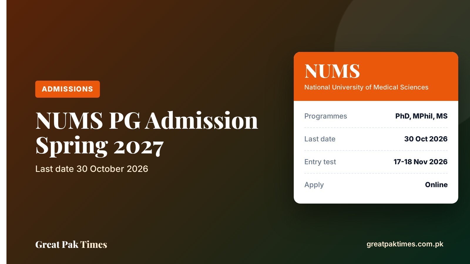 NUMS postgraduate admission Spring 2027 cover showing last date 30 October 2026 and entry test 17-18 November