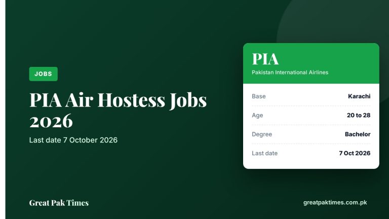 PIA air hostess jobs 2026 Karachi cover showing age 20 to 28 and last date 7 October 2026