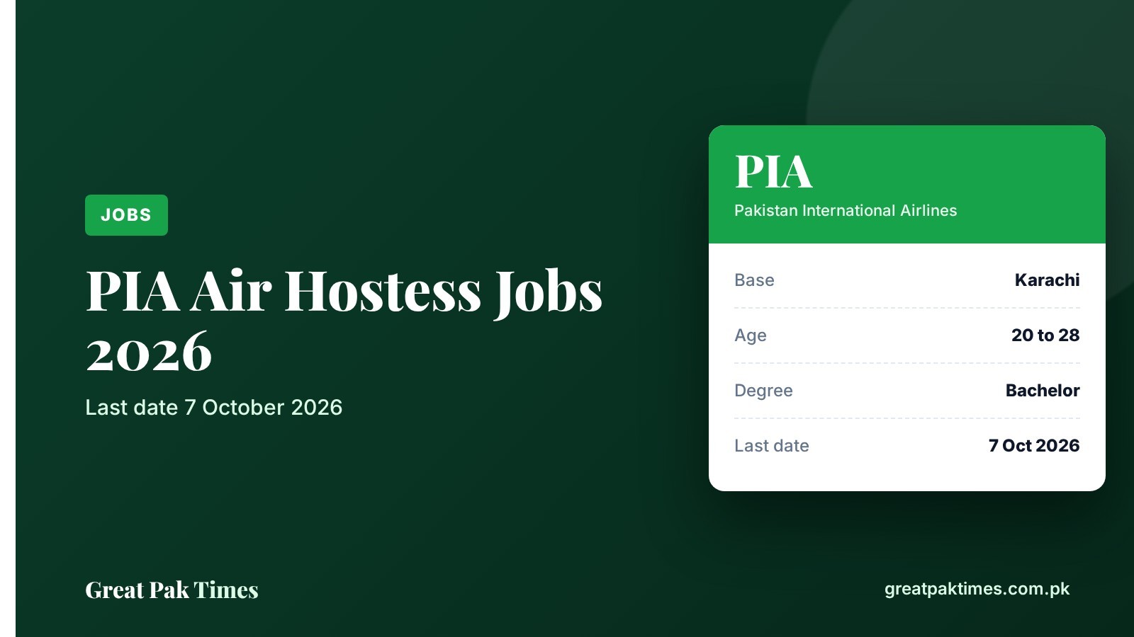 PIA air hostess jobs 2026 Karachi cover showing age 20 to 28 and last date 7 October 2026