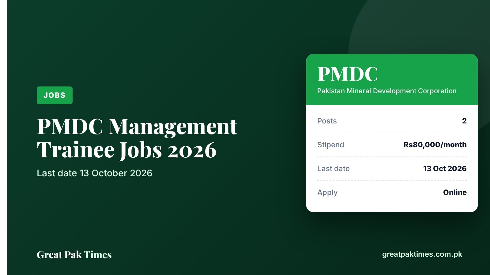 PMDC Management Trainee Jobs 2026, last date 13 October, Rs80,000 monthly stipend