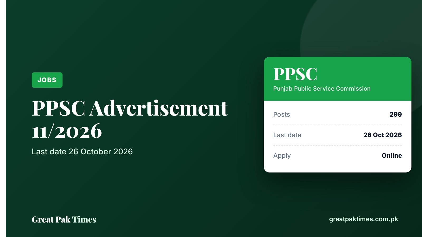 PPSC advertisement 11/2026 cover: 299 posts, last date 26 October 2026, apply online