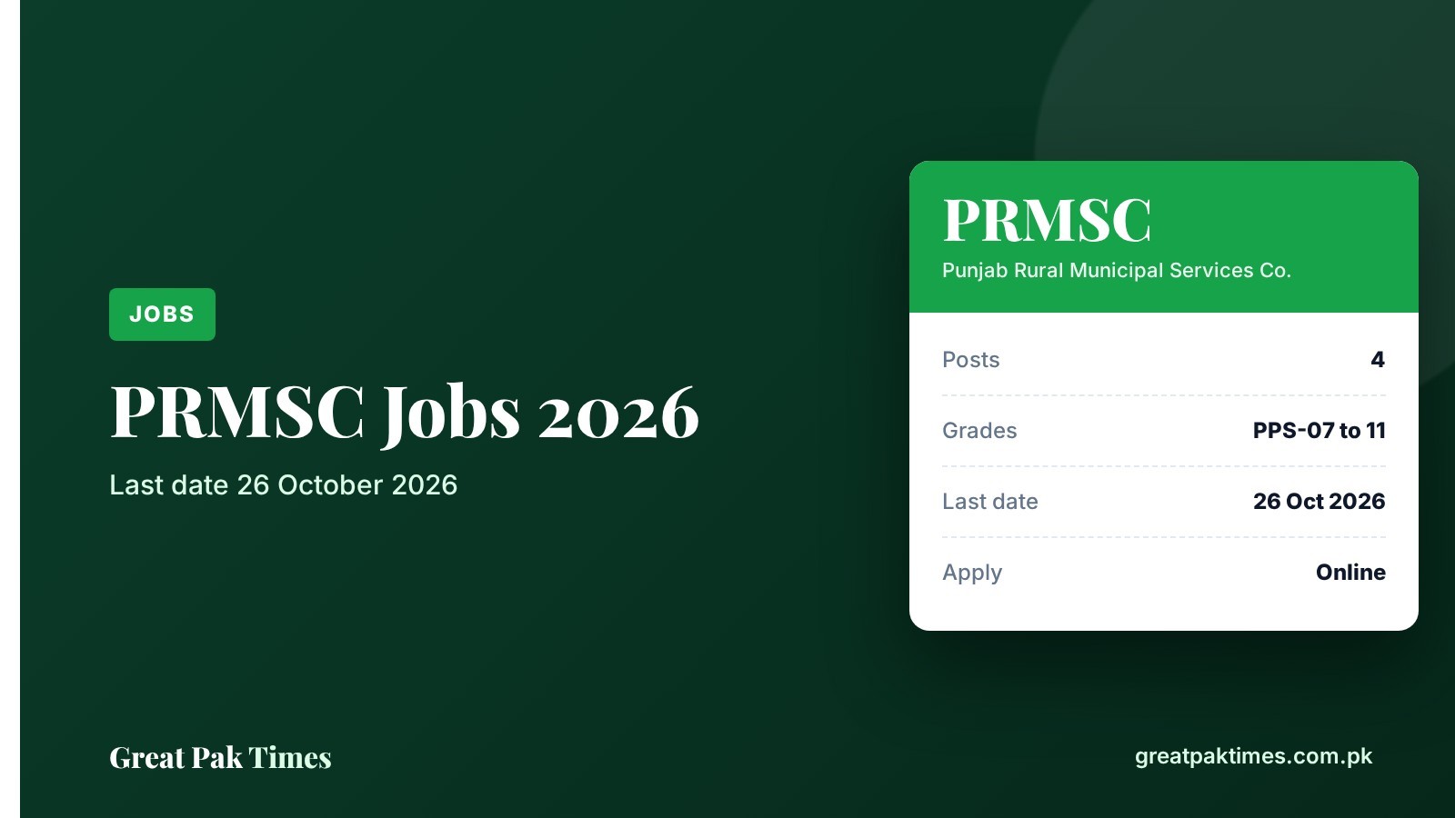 PRMSC jobs 2026 cover: 4 posts, last date 26 October 2026, apply online