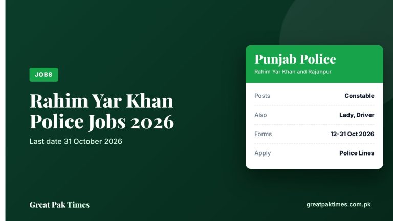 Rahim Yar Khan police jobs 2026 for Constable, Lady Constable and Driver Constable, last date 31 October 2026