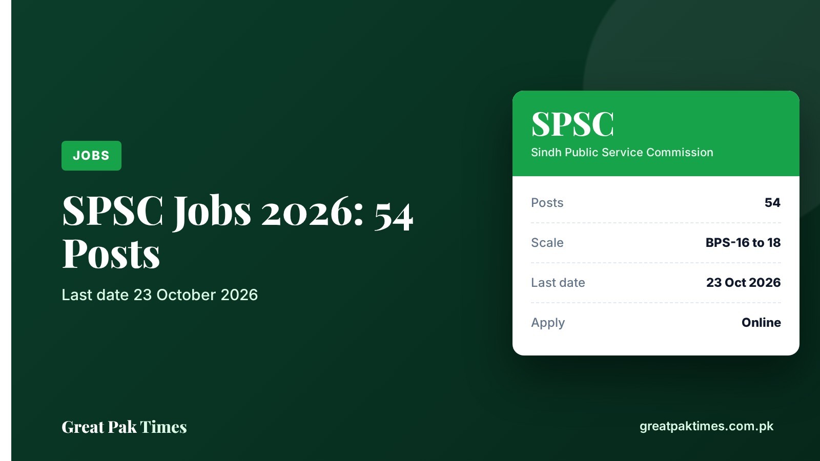 SPSC Jobs 2026 Advertisement 05/2026: 54 posts, last date 23 October 2026