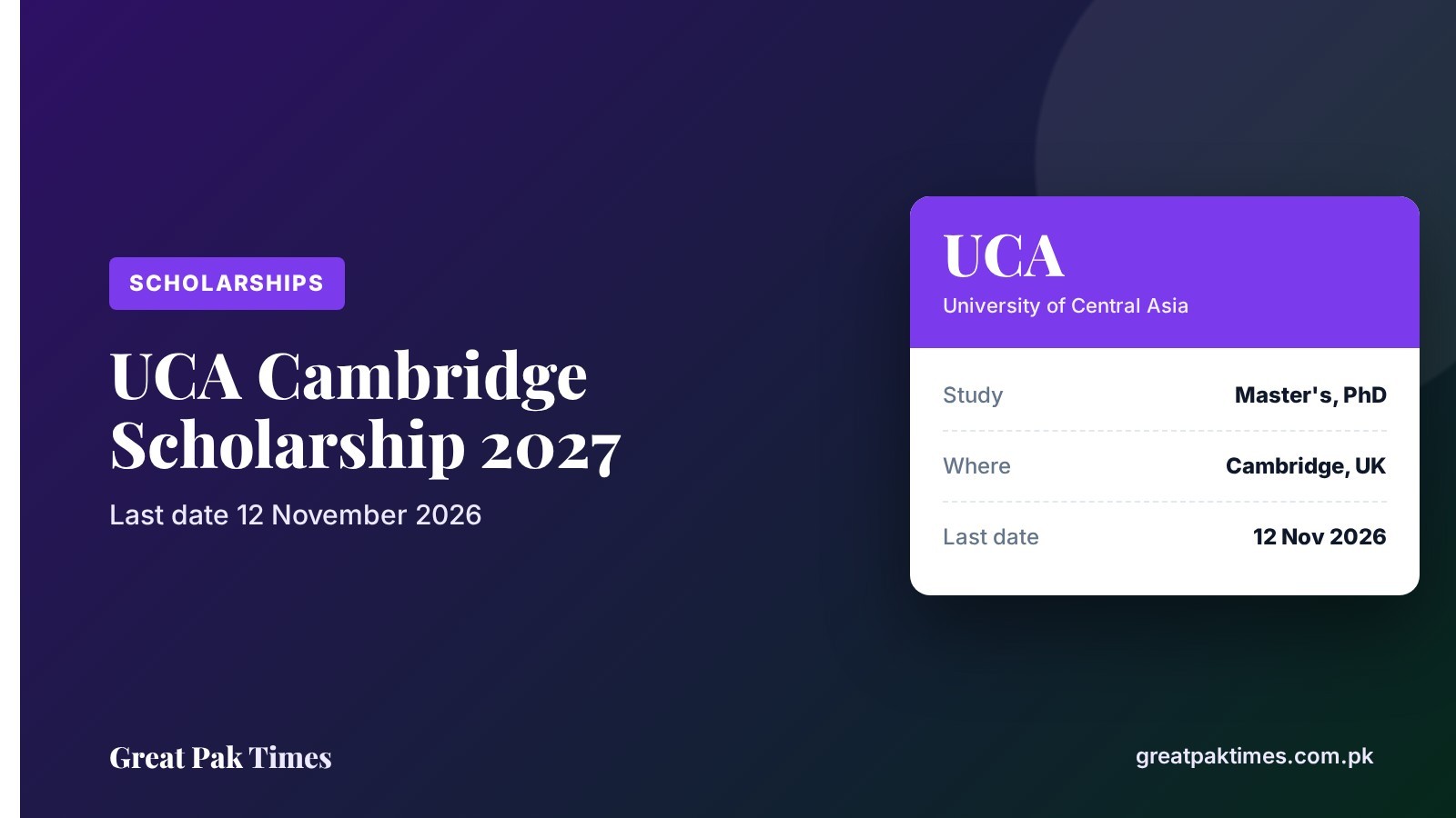UCA Cambridge scholarship 2027 for Pakistani students, last date 12 November 2026